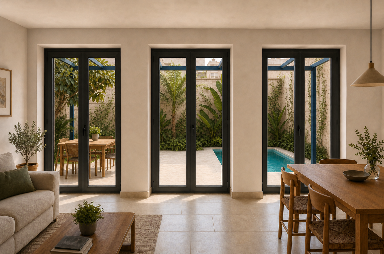Visualisation of the living and dining area looking towards the pool